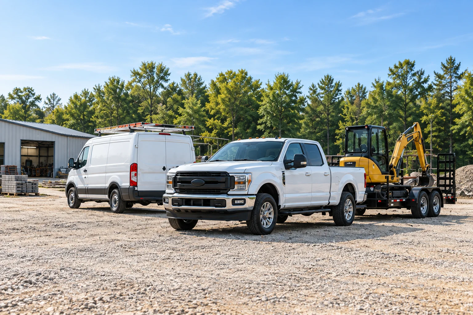 White work vehicles and a trailer carrying a compact excavator in a contractor’s yard