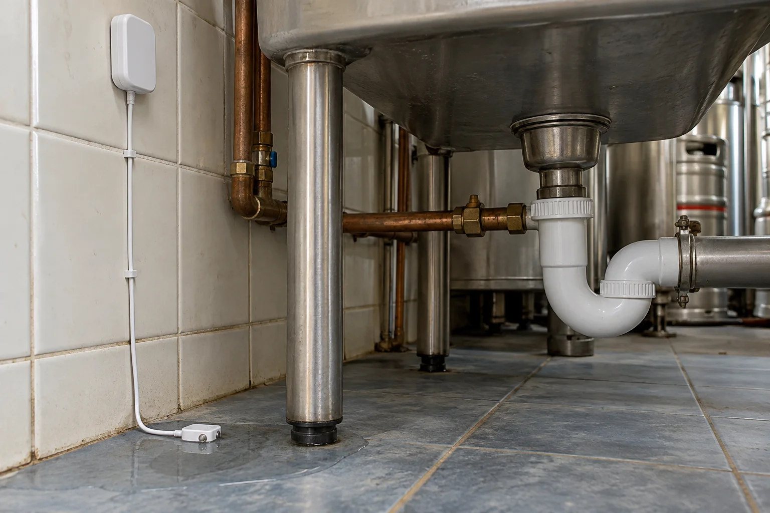 Illustrative floor-level water leak probe beneath a utility sink, wired to a dry wall-mounted transmitter